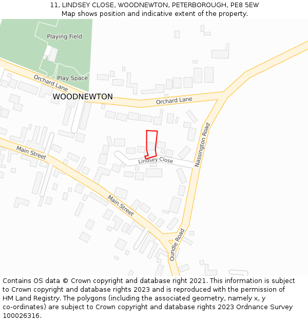 11, LINDSEY CLOSE, WOODNEWTON, PETERBOROUGH, PE8 5EW: Location map and indicative extent of plot