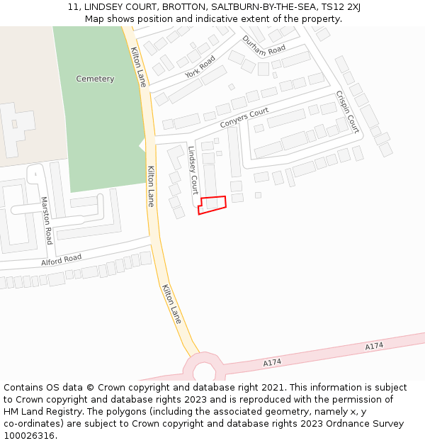 11, LINDSEY COURT, BROTTON, SALTBURN-BY-THE-SEA, TS12 2XJ: Location map and indicative extent of plot