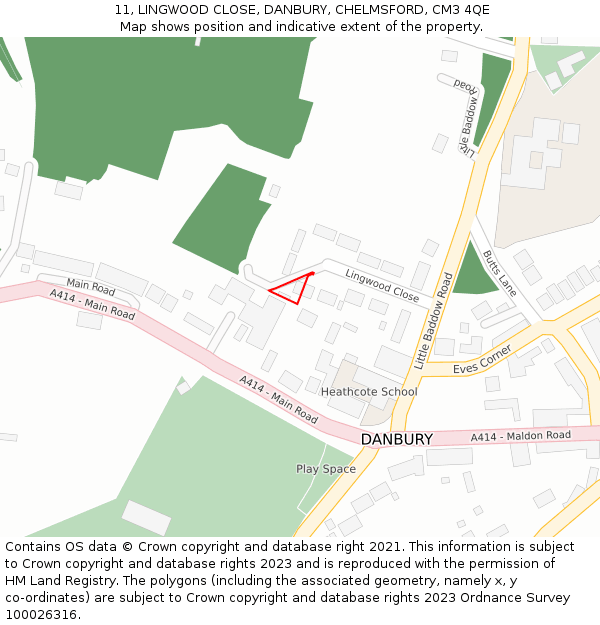 11, LINGWOOD CLOSE, DANBURY, CHELMSFORD, CM3 4QE: Location map and indicative extent of plot