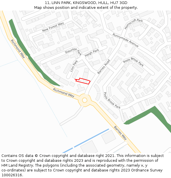 11, LINN PARK, KINGSWOOD, HULL, HU7 3GD: Location map and indicative extent of plot