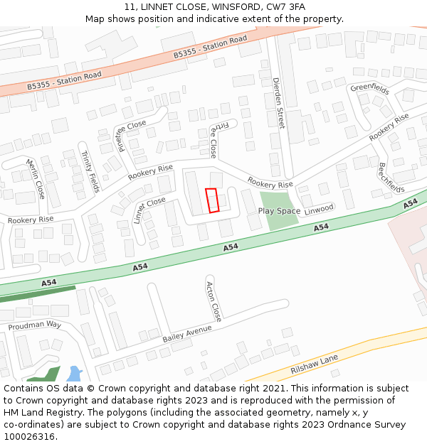 11, LINNET CLOSE, WINSFORD, CW7 3FA: Location map and indicative extent of plot