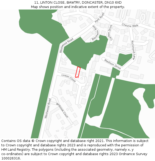 11, LINTON CLOSE, BAWTRY, DONCASTER, DN10 6XD: Location map and indicative extent of plot