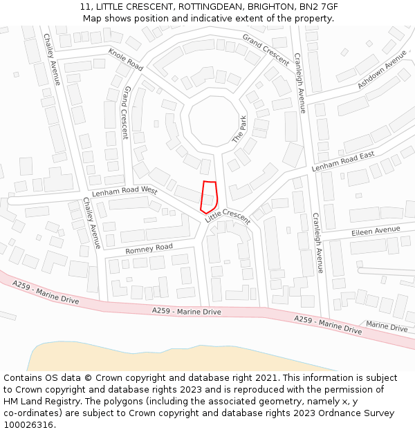 11, LITTLE CRESCENT, ROTTINGDEAN, BRIGHTON, BN2 7GF: Location map and indicative extent of plot