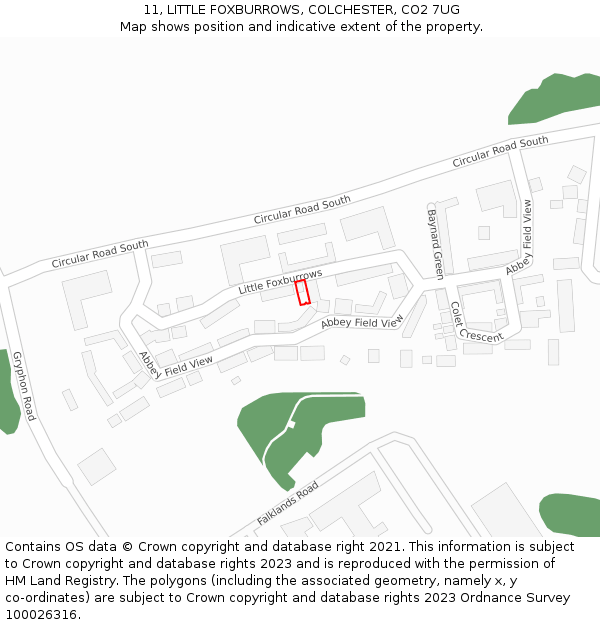 11, LITTLE FOXBURROWS, COLCHESTER, CO2 7UG: Location map and indicative extent of plot