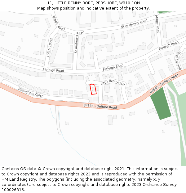 11, LITTLE PENNY ROPE, PERSHORE, WR10 1QN: Location map and indicative extent of plot