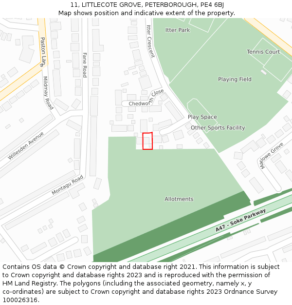 11, LITTLECOTE GROVE, PETERBOROUGH, PE4 6BJ: Location map and indicative extent of plot