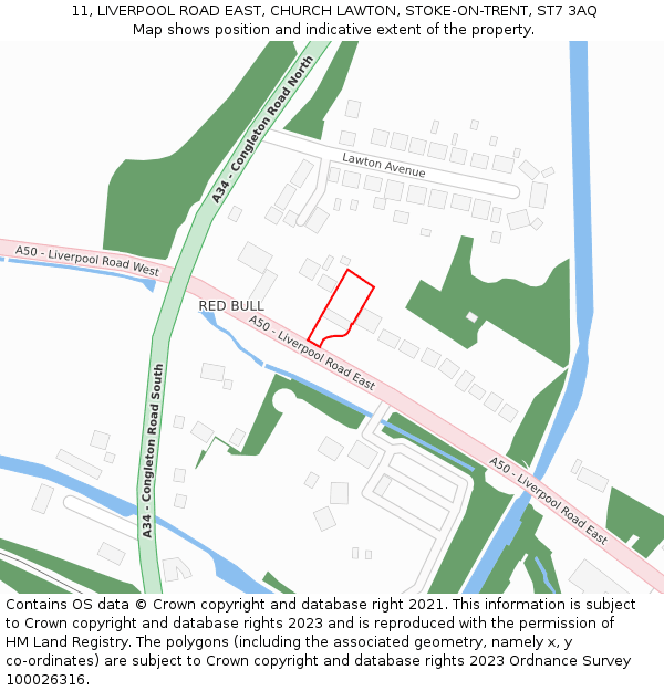 11, LIVERPOOL ROAD EAST, CHURCH LAWTON, STOKE-ON-TRENT, ST7 3AQ: Location map and indicative extent of plot