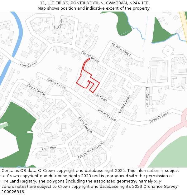 11, LLE EIRLYS, PONTRHYDYRUN, CWMBRAN, NP44 1FE: Location map and indicative extent of plot