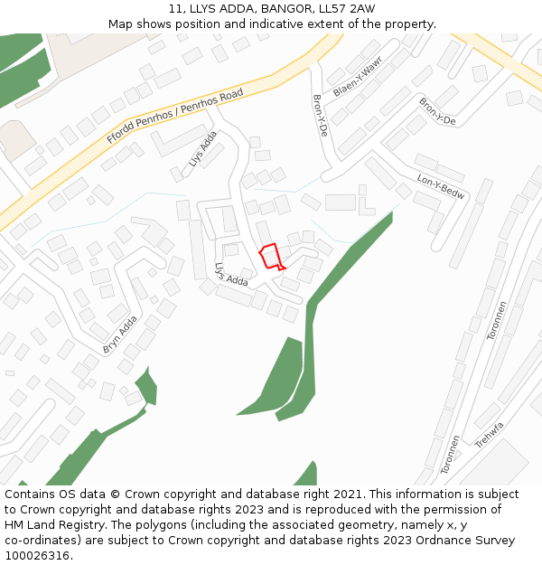 11, LLYS ADDA, BANGOR, LL57 2AW: Location map and indicative extent of plot