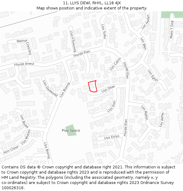 11, LLYS DEWI, RHYL, LL18 4JX: Location map and indicative extent of plot