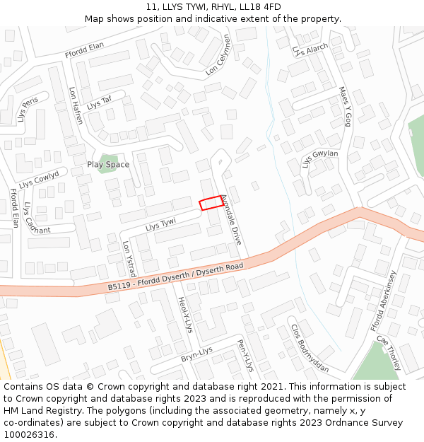11, LLYS TYWI, RHYL, LL18 4FD: Location map and indicative extent of plot