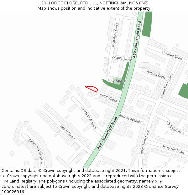 11, LODGE CLOSE, REDHILL, NOTTINGHAM, NG5 8NZ: Location map and indicative extent of plot