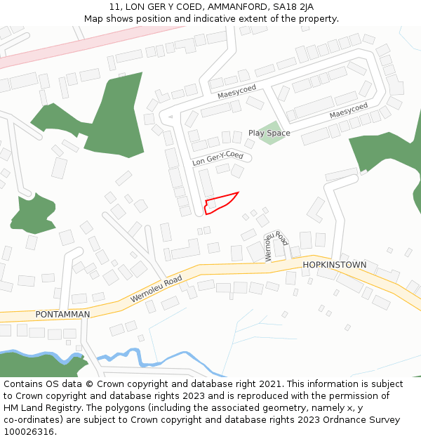 11, LON GER Y COED, AMMANFORD, SA18 2JA: Location map and indicative extent of plot