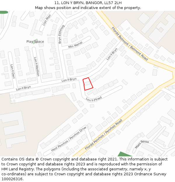 11, LON Y BRYN, BANGOR, LL57 2LH: Location map and indicative extent of plot