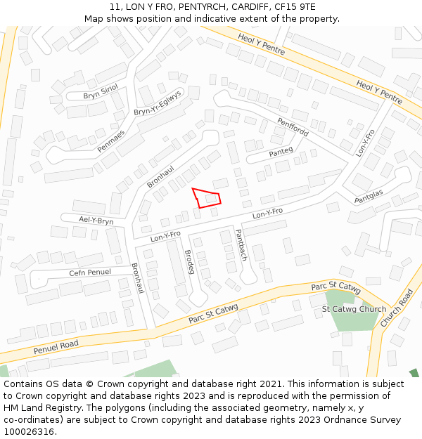 11, LON Y FRO, PENTYRCH, CARDIFF, CF15 9TE: Location map and indicative extent of plot