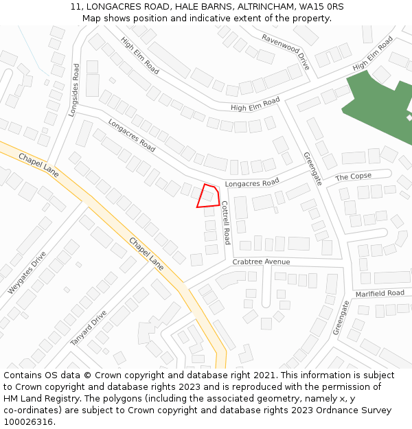 11, LONGACRES ROAD, HALE BARNS, ALTRINCHAM, WA15 0RS: Location map and indicative extent of plot
