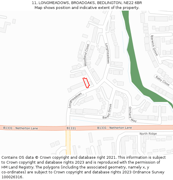 11, LONGMEADOWS, BROADOAKS, BEDLINGTON, NE22 6BR: Location map and indicative extent of plot