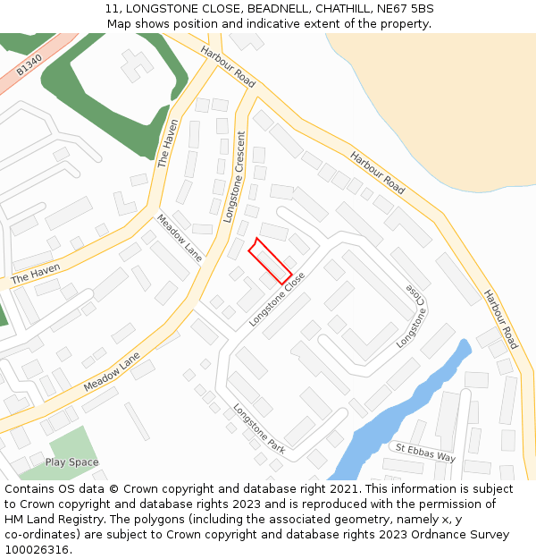 11, LONGSTONE CLOSE, BEADNELL, CHATHILL, NE67 5BS: Location map and indicative extent of plot