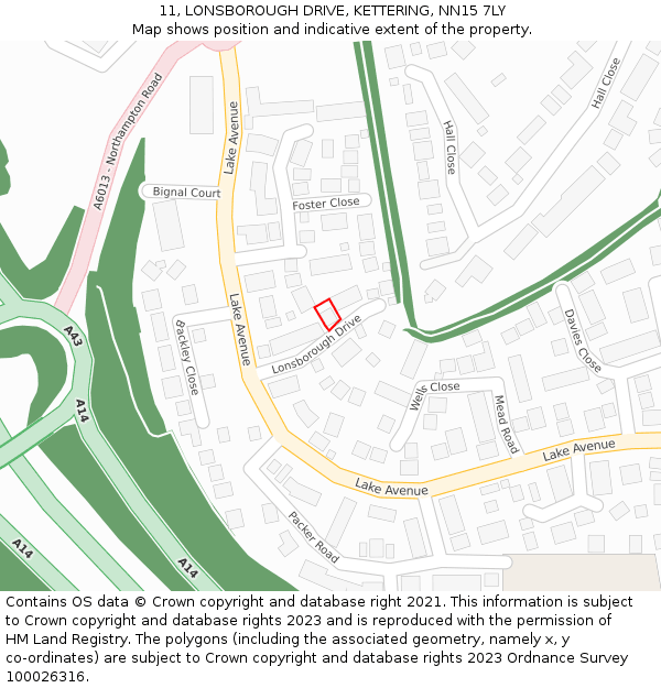 11, LONSBOROUGH DRIVE, KETTERING, NN15 7LY: Location map and indicative extent of plot