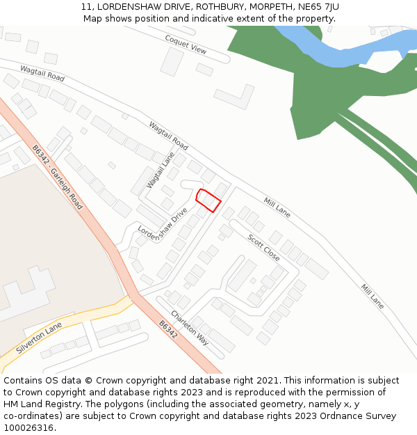 11, LORDENSHAW DRIVE, ROTHBURY, MORPETH, NE65 7JU: Location map and indicative extent of plot