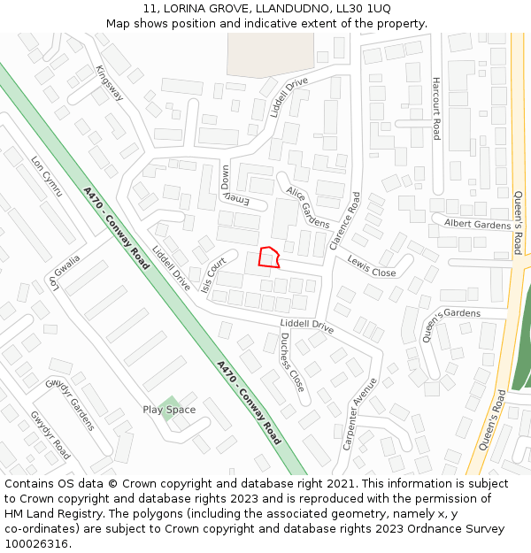 11, LORINA GROVE, LLANDUDNO, LL30 1UQ: Location map and indicative extent of plot