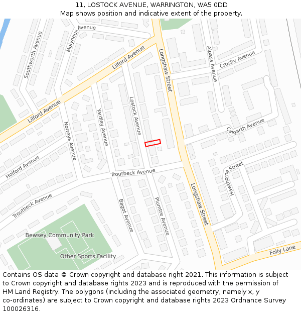 11, LOSTOCK AVENUE, WARRINGTON, WA5 0DD: Location map and indicative extent of plot