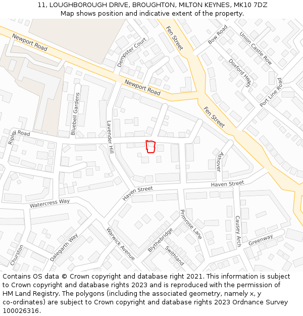 11, LOUGHBOROUGH DRIVE, BROUGHTON, MILTON KEYNES, MK10 7DZ: Location map and indicative extent of plot