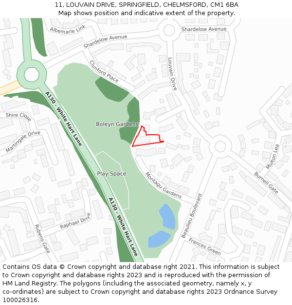 11, LOUVAIN DRIVE, SPRINGFIELD, CHELMSFORD, CM1 6BA: Location map and indicative extent of plot