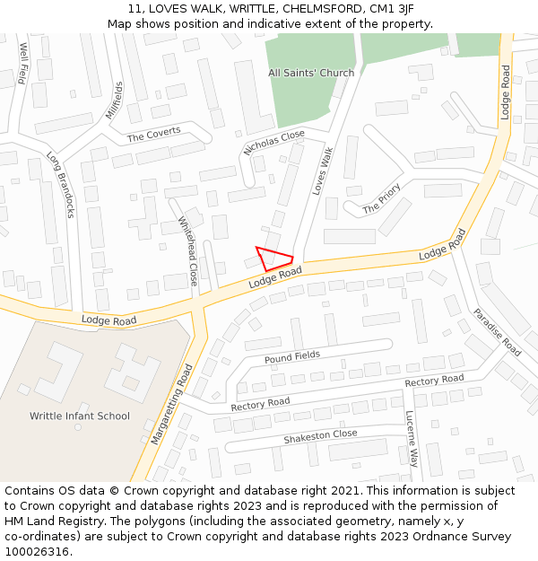 11, LOVES WALK, WRITTLE, CHELMSFORD, CM1 3JF: Location map and indicative extent of plot