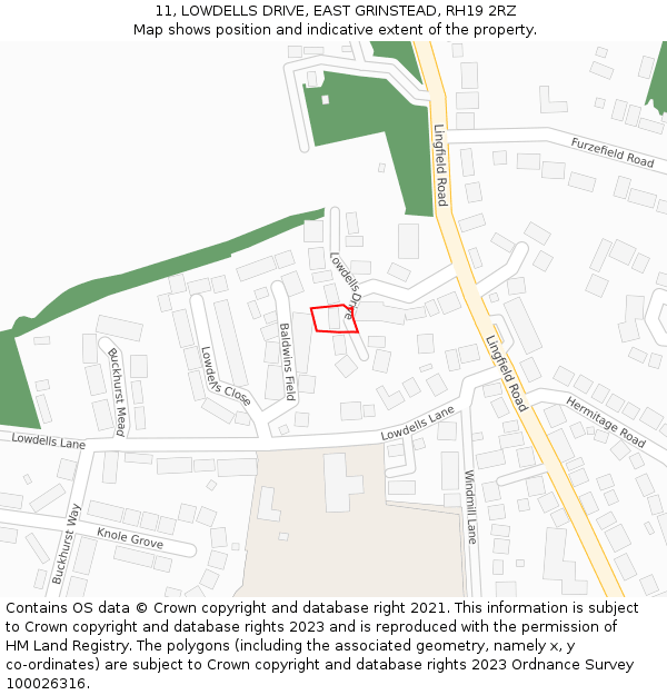 11, LOWDELLS DRIVE, EAST GRINSTEAD, RH19 2RZ: Location map and indicative extent of plot