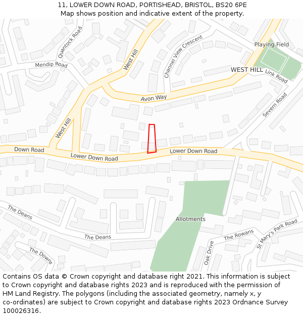 11, LOWER DOWN ROAD, PORTISHEAD, BRISTOL, BS20 6PE: Location map and indicative extent of plot