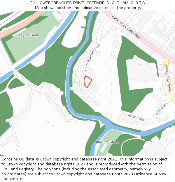 11, LOWER FRENCHES DRIVE, GREENFIELD, OLDHAM, OL3 7JD: Location map and indicative extent of plot
