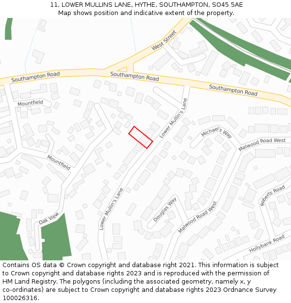 11, LOWER MULLINS LANE, HYTHE, SOUTHAMPTON, SO45 5AE: Location map and indicative extent of plot