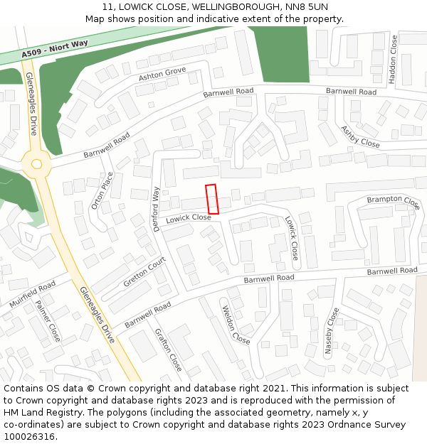 11, LOWICK CLOSE, WELLINGBOROUGH, NN8 5UN: Location map and indicative extent of plot