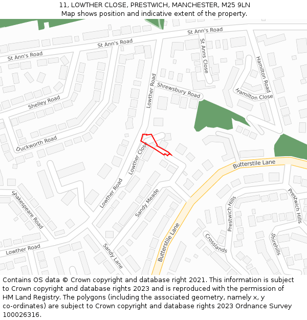 11, LOWTHER CLOSE, PRESTWICH, MANCHESTER, M25 9LN: Location map and indicative extent of plot