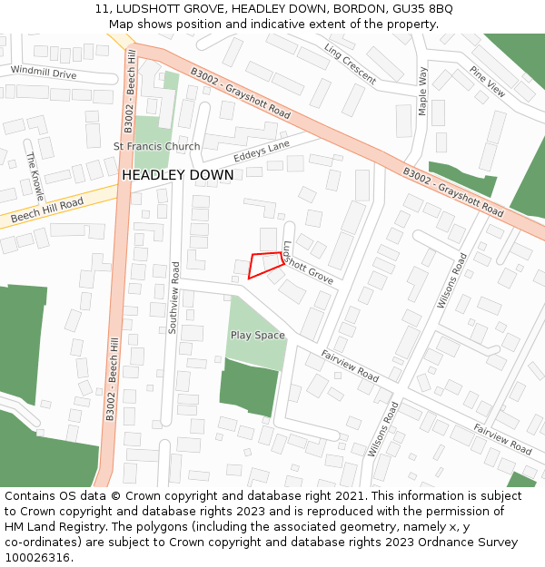 11, LUDSHOTT GROVE, HEADLEY DOWN, BORDON, GU35 8BQ: Location map and indicative extent of plot