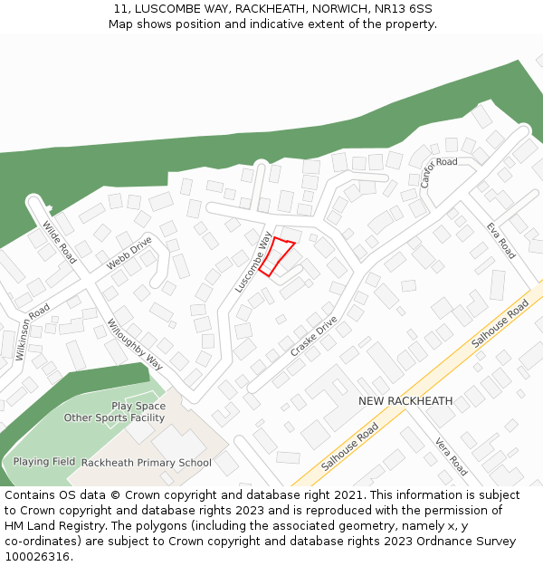 11, LUSCOMBE WAY, RACKHEATH, NORWICH, NR13 6SS: Location map and indicative extent of plot