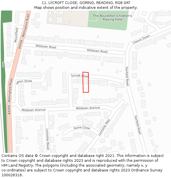 11, LYCROFT CLOSE, GORING, READING, RG8 0AT: Location map and indicative extent of plot