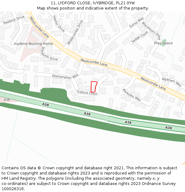 11, LYDFORD CLOSE, IVYBRIDGE, PL21 0YW: Location map and indicative extent of plot