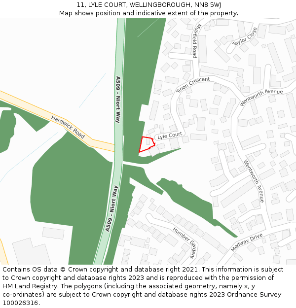 11, LYLE COURT, WELLINGBOROUGH, NN8 5WJ: Location map and indicative extent of plot