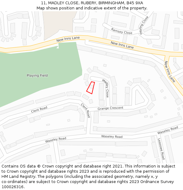 11, MADLEY CLOSE, RUBERY, BIRMINGHAM, B45 9XA: Location map and indicative extent of plot