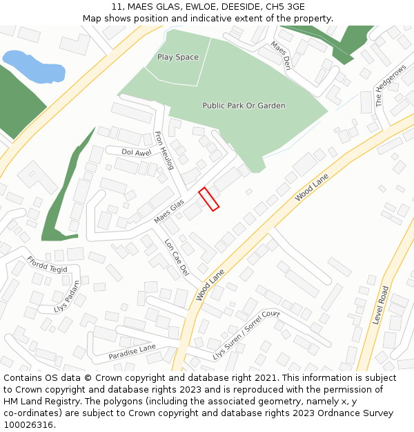 11, MAES GLAS, EWLOE, DEESIDE, CH5 3GE: Location map and indicative extent of plot