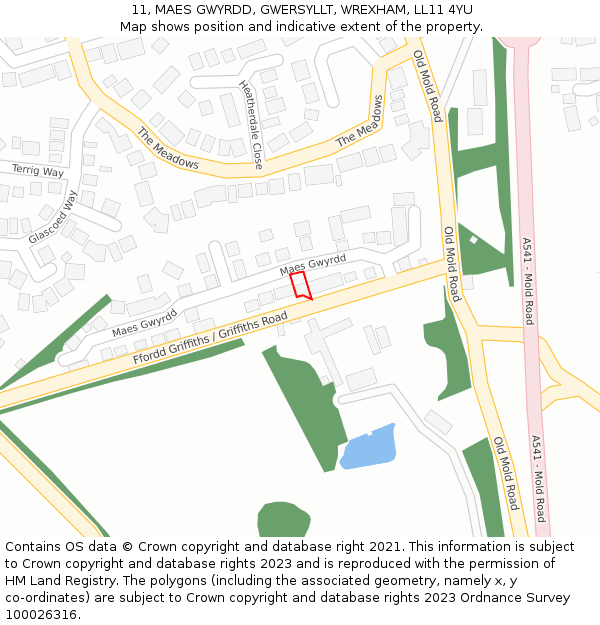 11, MAES GWYRDD, GWERSYLLT, WREXHAM, LL11 4YU: Location map and indicative extent of plot
