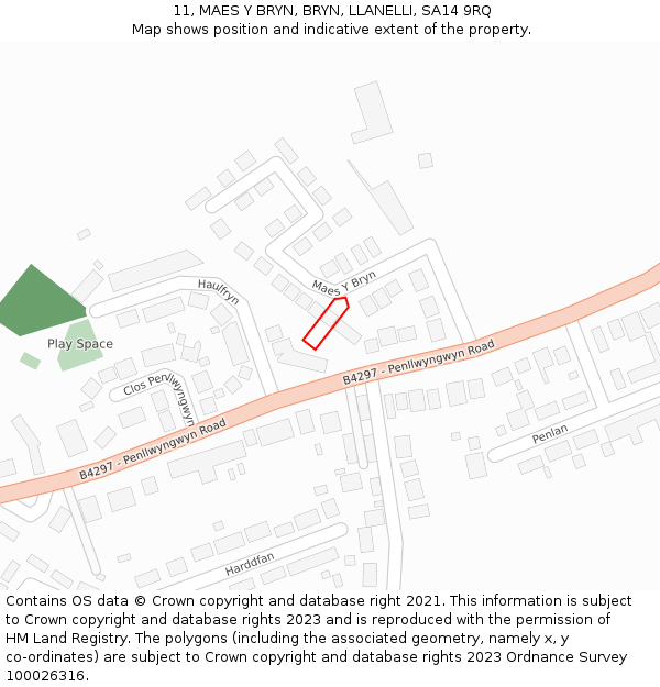 11, MAES Y BRYN, BRYN, LLANELLI, SA14 9RQ: Location map and indicative extent of plot