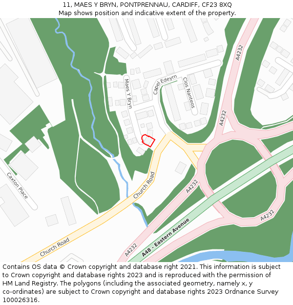 11, MAES Y BRYN, PONTPRENNAU, CARDIFF, CF23 8XQ: Location map and indicative extent of plot