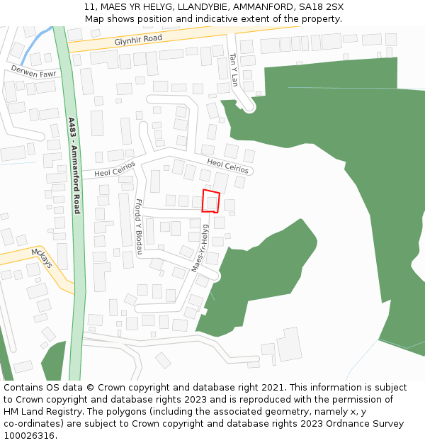 11, MAES YR HELYG, LLANDYBIE, AMMANFORD, SA18 2SX: Location map and indicative extent of plot