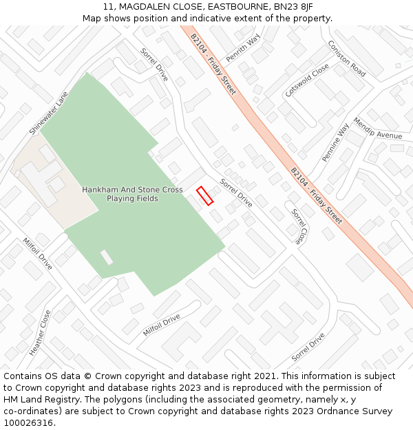 11, MAGDALEN CLOSE, EASTBOURNE, BN23 8JF: Location map and indicative extent of plot