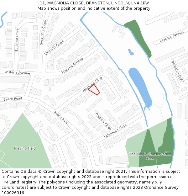 11, MAGNOLIA CLOSE, BRANSTON, LINCOLN, LN4 1PW: Location map and indicative extent of plot