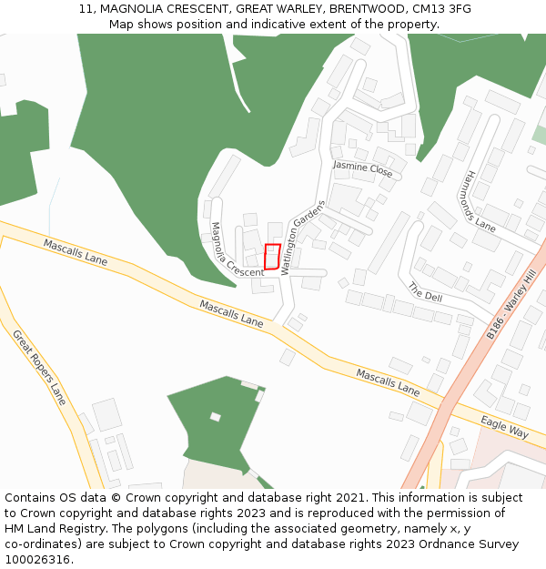 11, MAGNOLIA CRESCENT, GREAT WARLEY, BRENTWOOD, CM13 3FG: Location map and indicative extent of plot