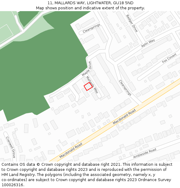 11, MALLARDS WAY, LIGHTWATER, GU18 5ND: Location map and indicative extent of plot